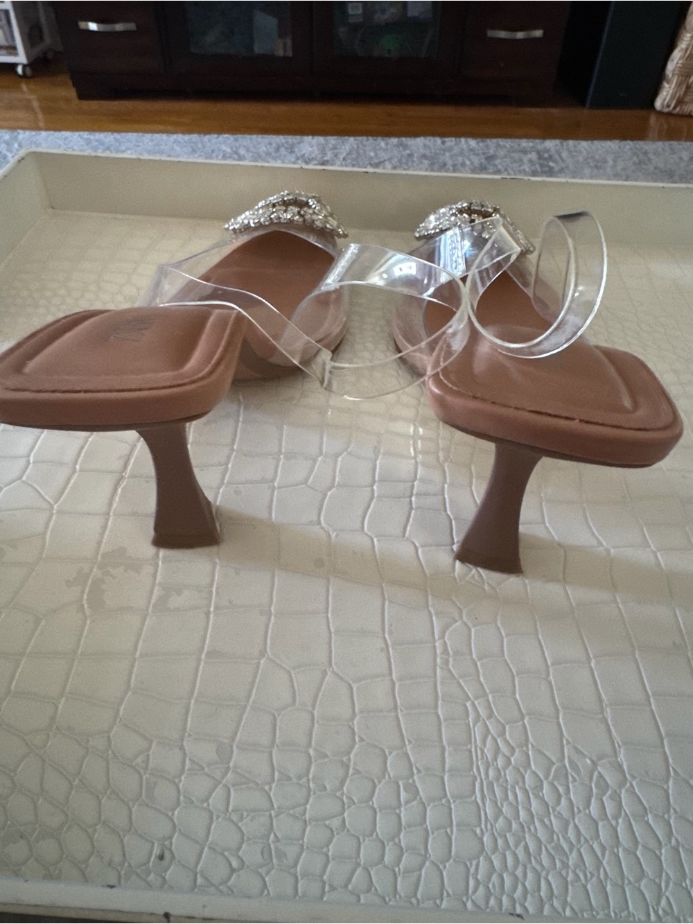 Zara Clear Slingback Heels with Brown Insole and Crystal Rosette - Picture 2 of 3